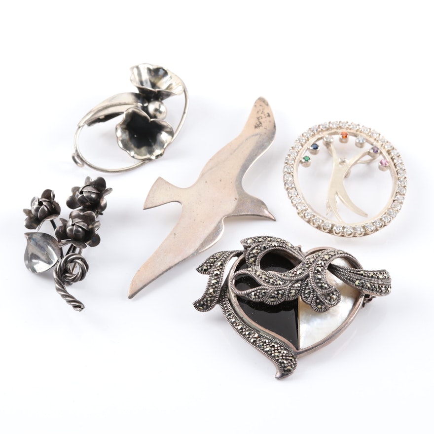 Handmade Sterling Silver Brooches featuring Mother of Pearl and Black Onyx