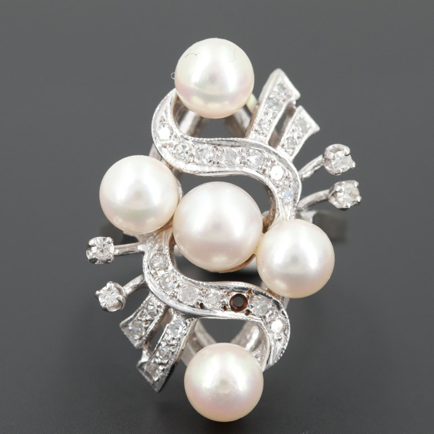 Vintage 14K White Gold Cultured Pearl and Diamond Ring
