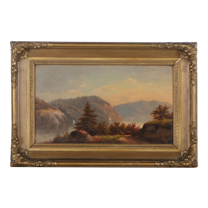 19th Century Hudson River School Oil Painting of River Landscape