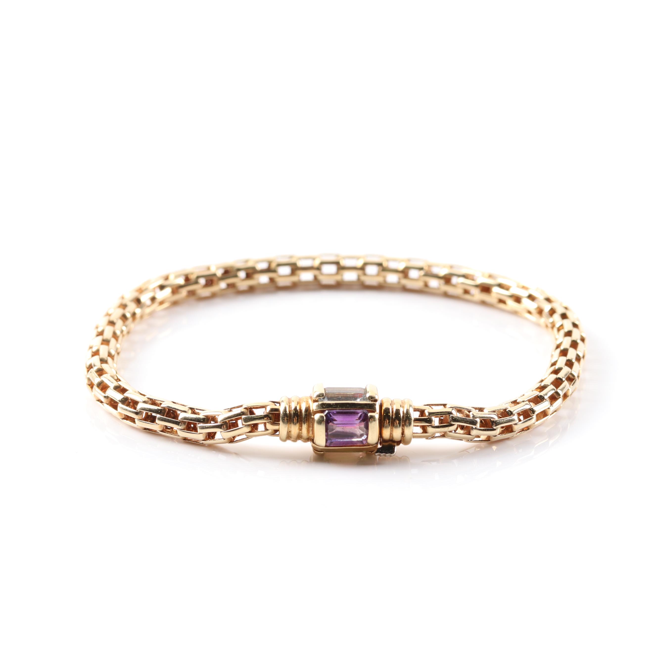 14K Yellow Gold Amethyst, Peridot, Garnet, and Blue Topaz Bracelet