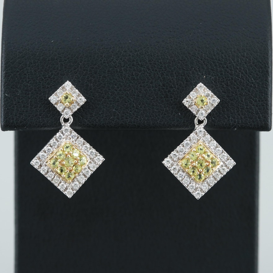 14K White Gold Apatite and Diamond Earrings with Yellow Gold Accents