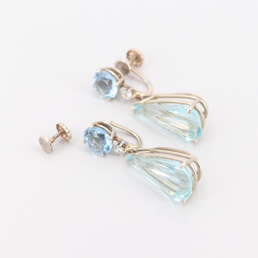 14K White Gold Aquamarine and Diamond Earrings with Removable Dangles