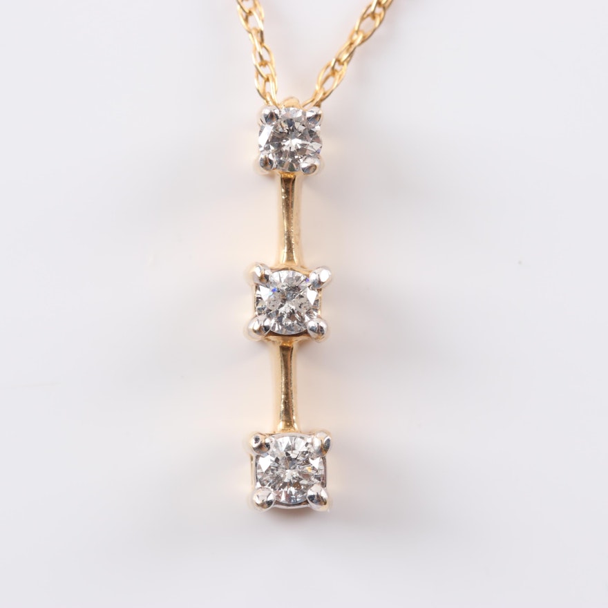 14K Yellow Gold Three-Stone Diamond Pendant Necklace