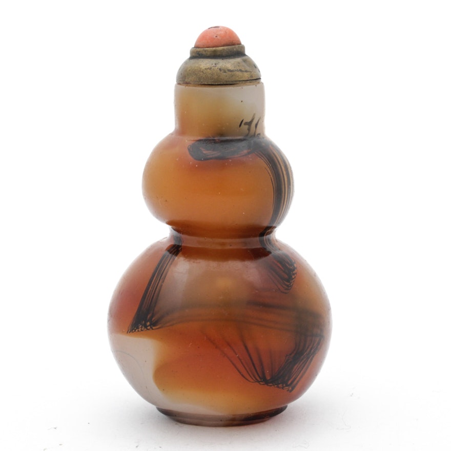 Chinese Double-Gourd Glass Snuff Bottle with Coral Stopper