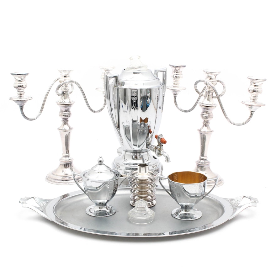 English Silverplate Candelabra and Royal Rochester Coffee Percolator Set
