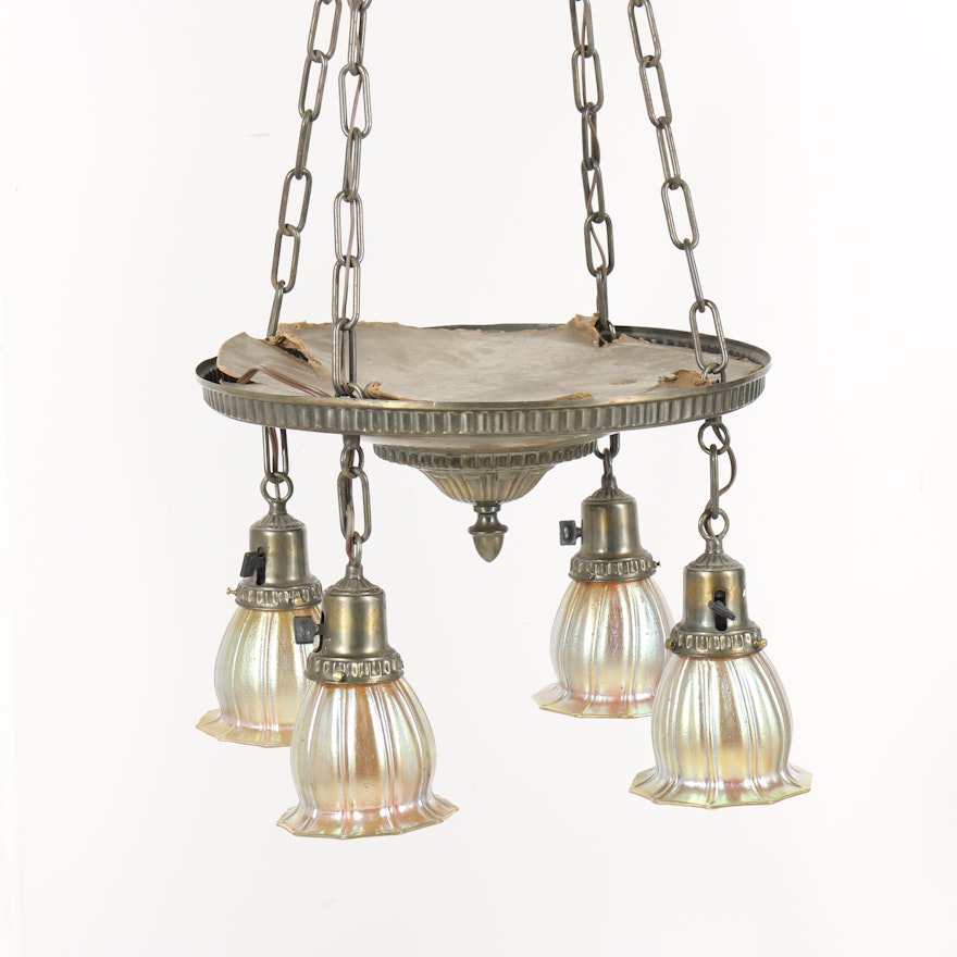 Art Nouveau Ceiling Lamp With Iridescent Glass Shades, Early 20th Century