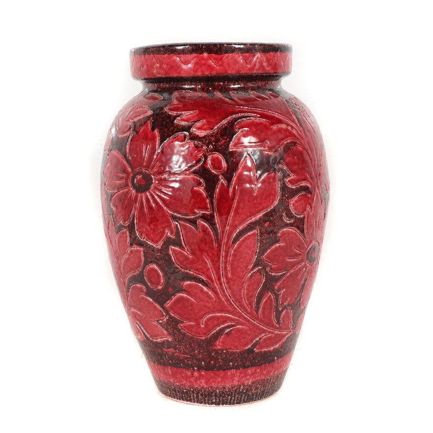 Carved Italian Foliate Earthenware Floor Vase