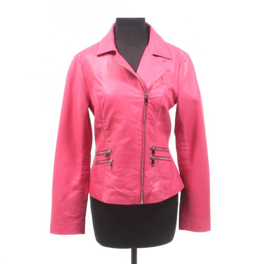 Neiman Marcus Exclusive Bubble Gum Pink Leather Motorcycle-Style Jacket