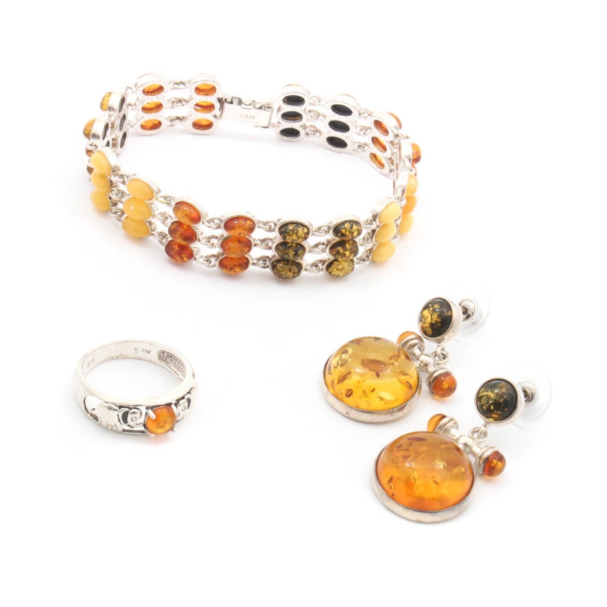 Sterling Silver Amber Bracelet, Ring, and Earrings