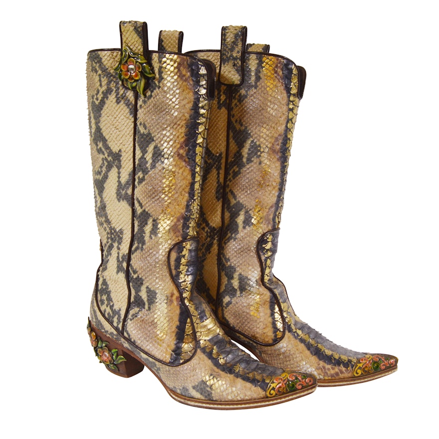 Giuseppe Zanotti Vincini Python Skin Western Boots with Enameled Florals