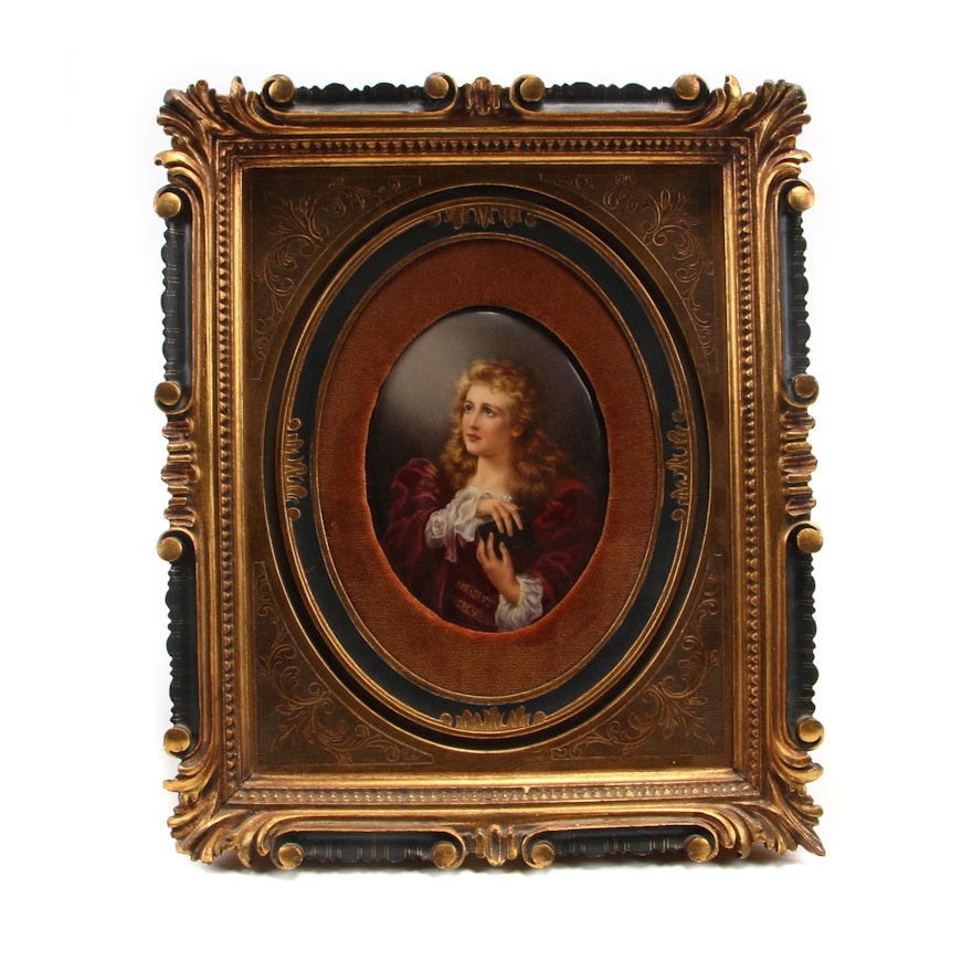 Painted Porcelain Plaque of Woman Holding Book in Gilt Framed