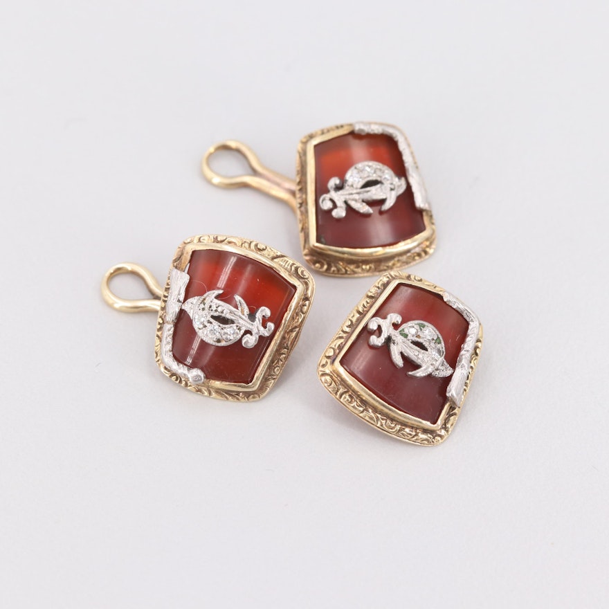 Vintage 14K Yellow Gold and Platinum Carnelian and Diamond Shriner's Cufflinks