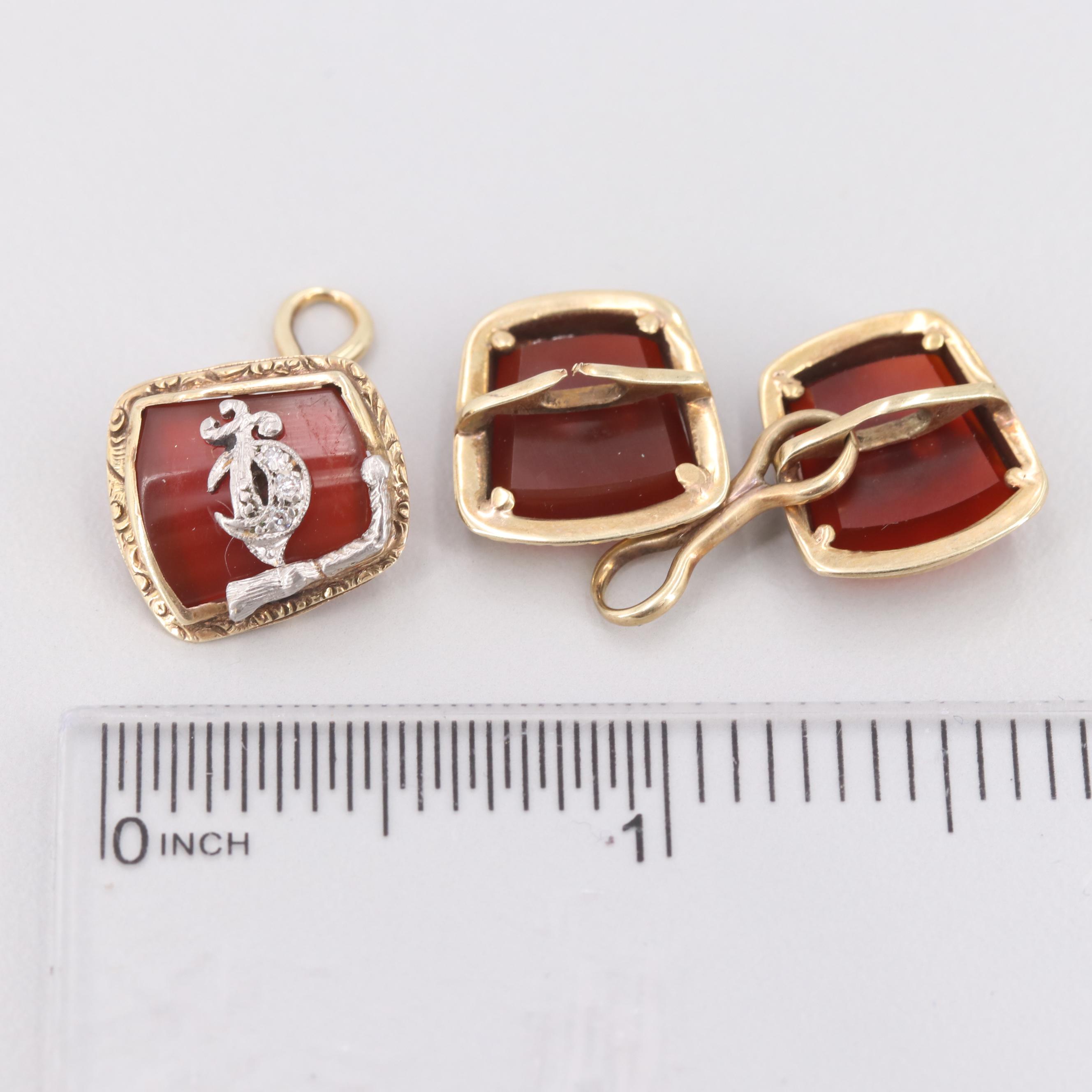 Vintage 14K Yellow Gold and Platinum Carnelian and Diamond Shriner's Cufflinks