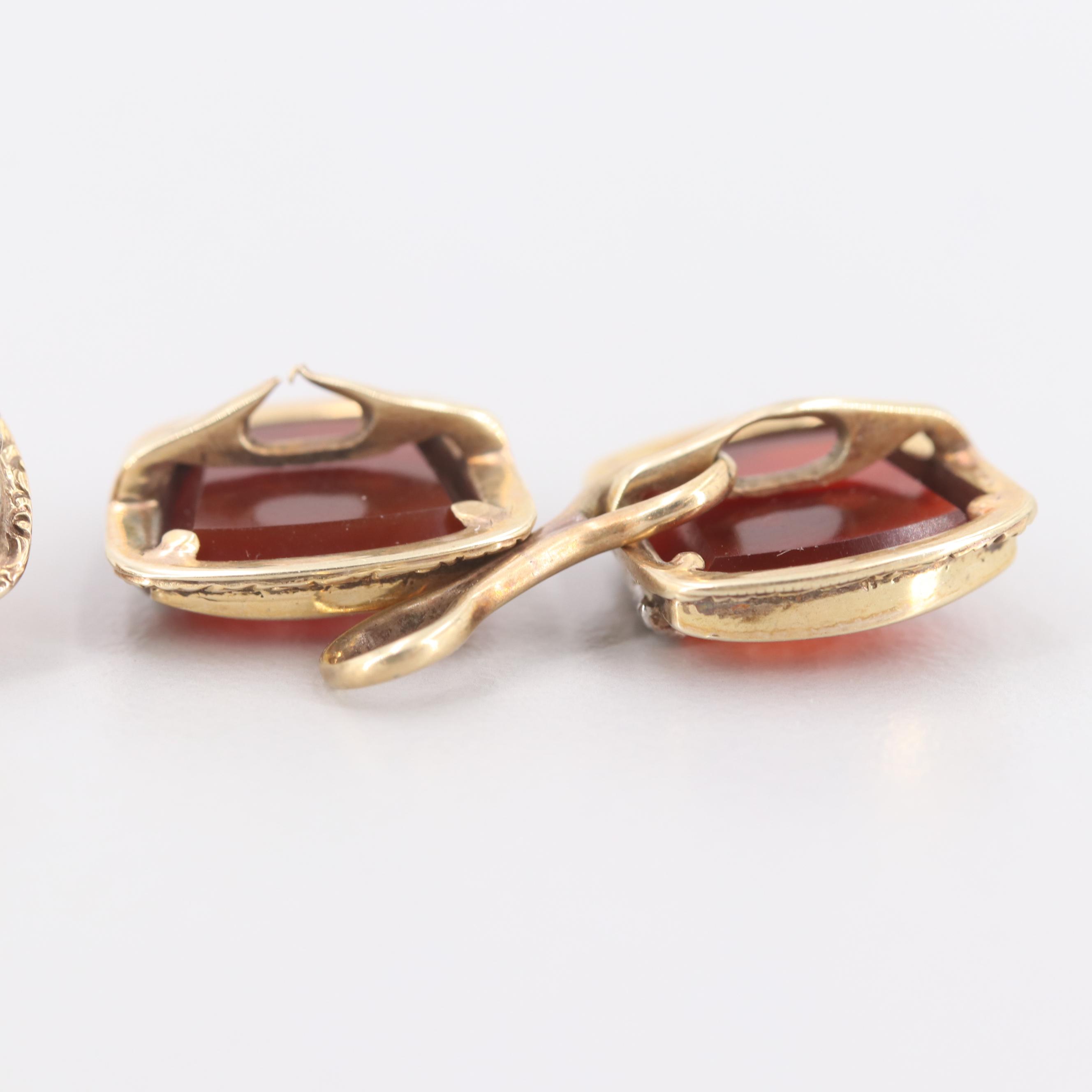 Vintage 14K Yellow Gold and Platinum Carnelian and Diamond Shriner's Cufflinks