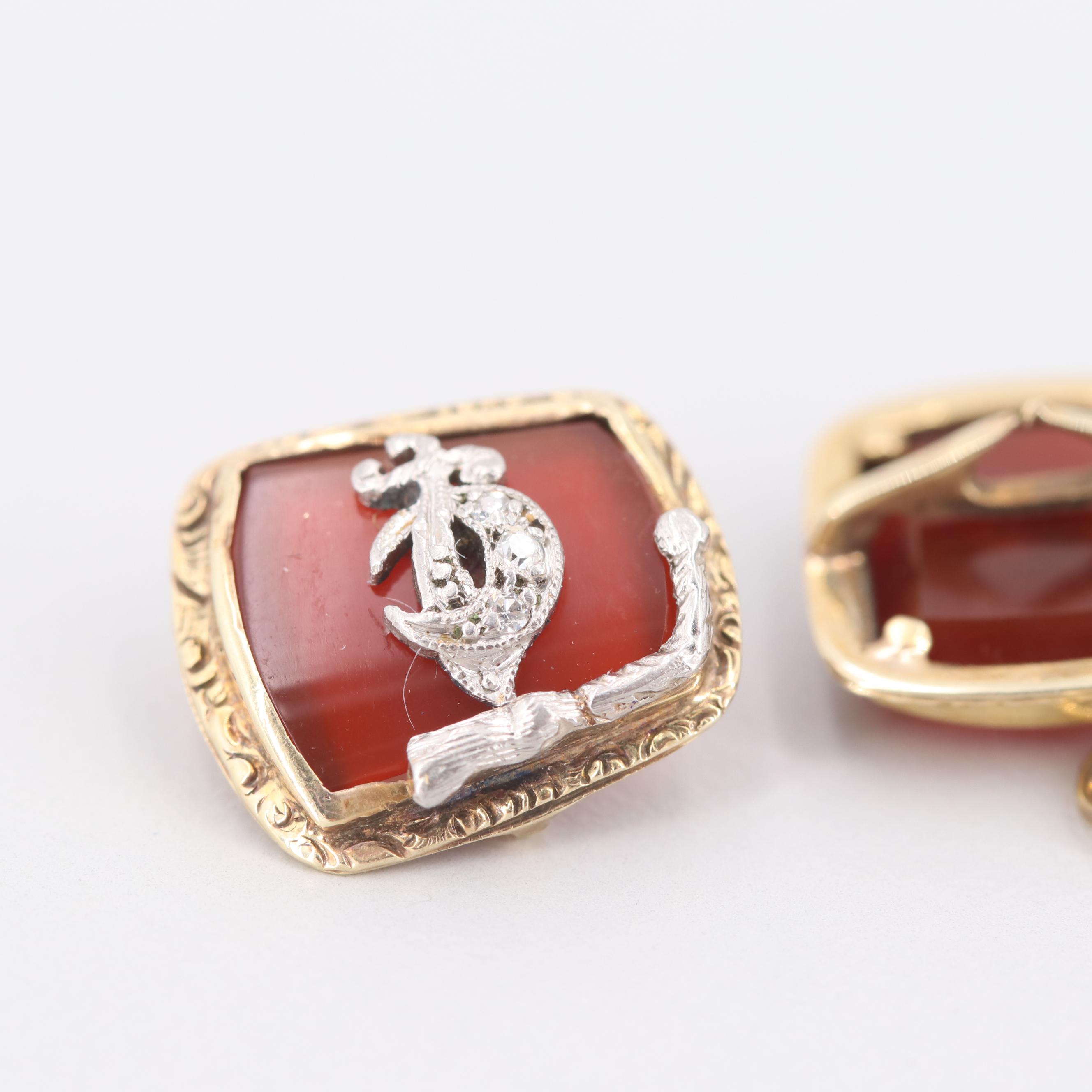 Vintage 14K Yellow Gold and Platinum Carnelian and Diamond Shriner's Cufflinks