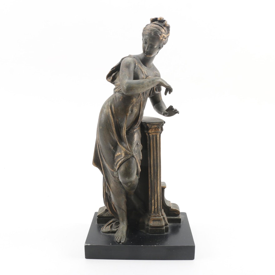 Bronze Tone Greek Muse Sculpture on Black Stone Base