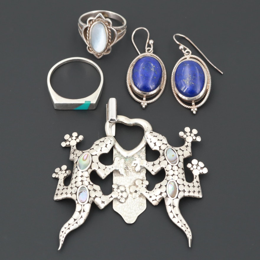 Assorted Sterling Silver Lapis, Shell and Turquoise Earrings, Rings and Pendant