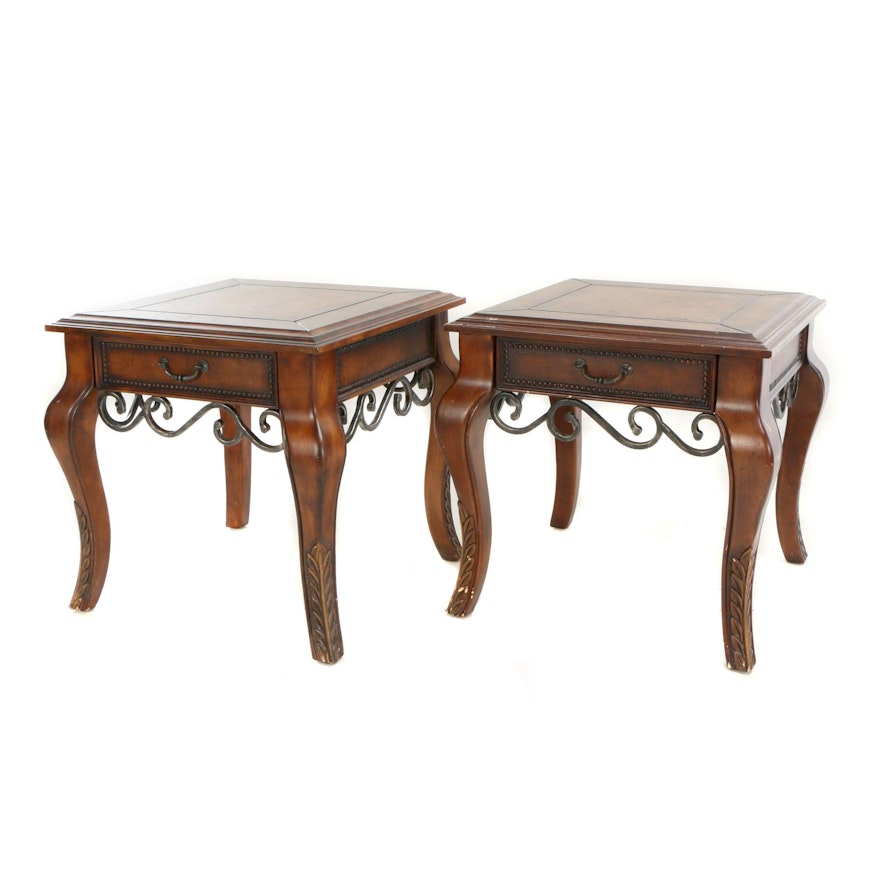 French Provincial Style Wood, Leather, and Metal Side Tables, 21st Century