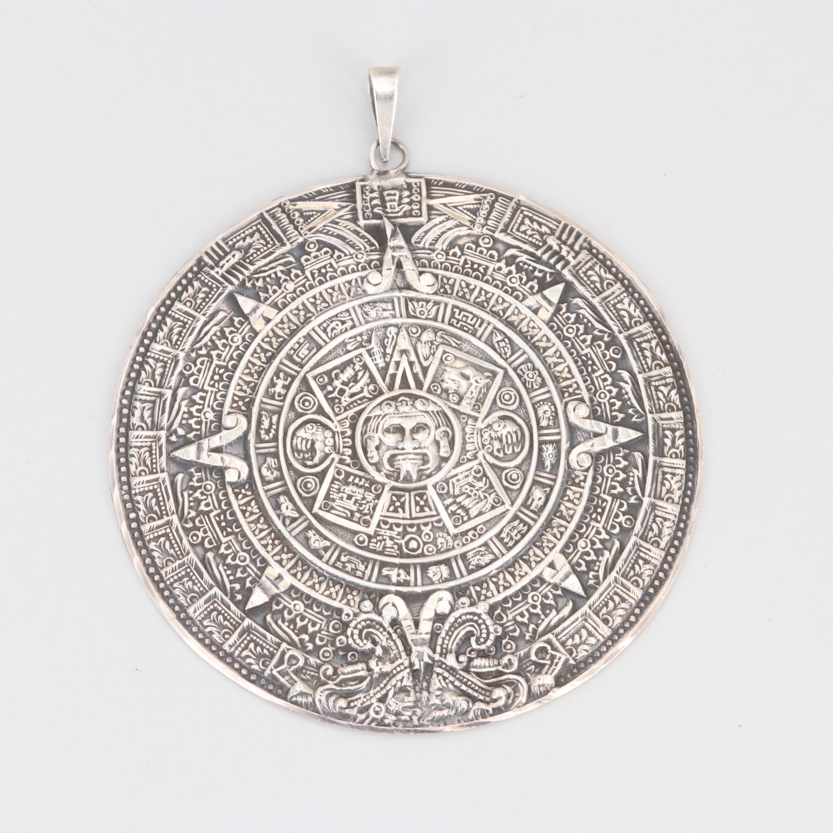 Sterling Silver Aztec Calendar Pendant