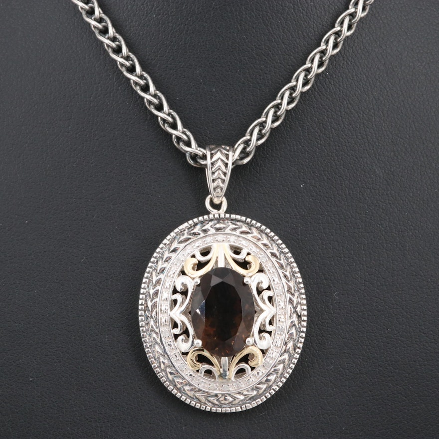 Sterling Silver Smoky Quartz and Diamond Pendant Necklace