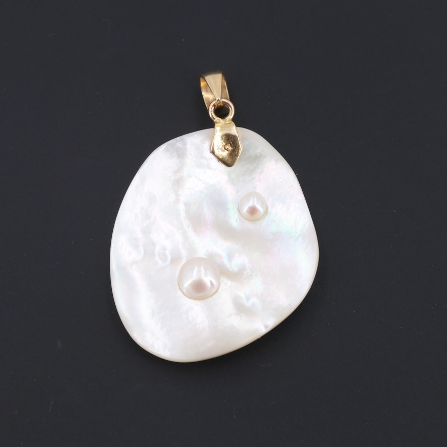 14K Yellow Gold Mother Of Pearl with Blister Pearl Pendant