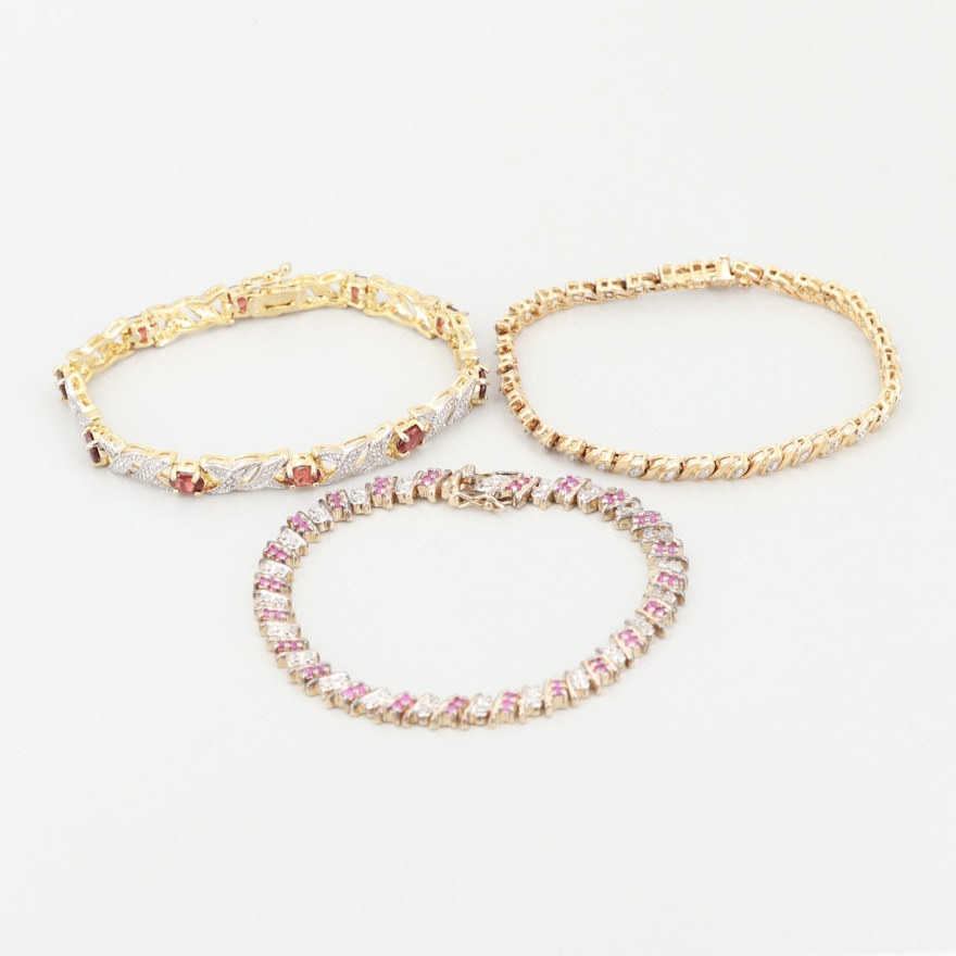 Sterling Silver Gold Wash Diamond, Ruby and Garnet Bracelets