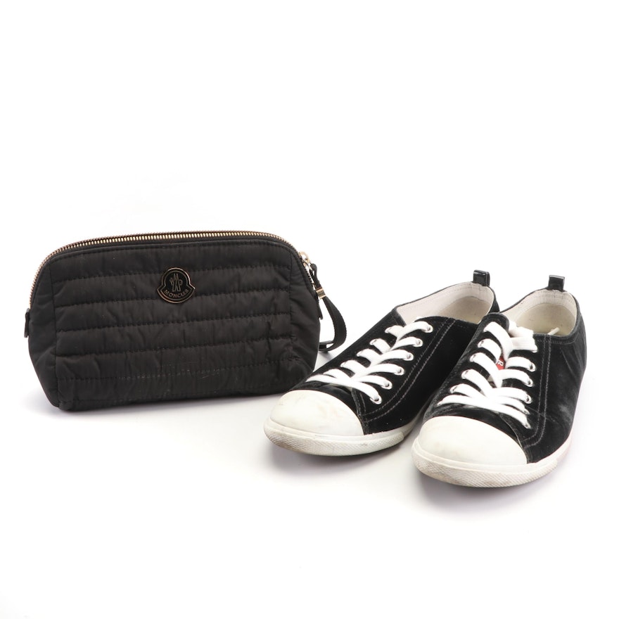 Women's Prada Velvet Grafite Sneakers with Moncler Modello Quilted Cosmetic Bag