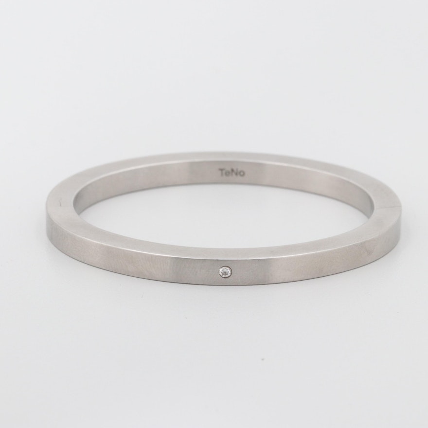 TeNo Stainless Steel Hinged Bangle with Diamond Accent