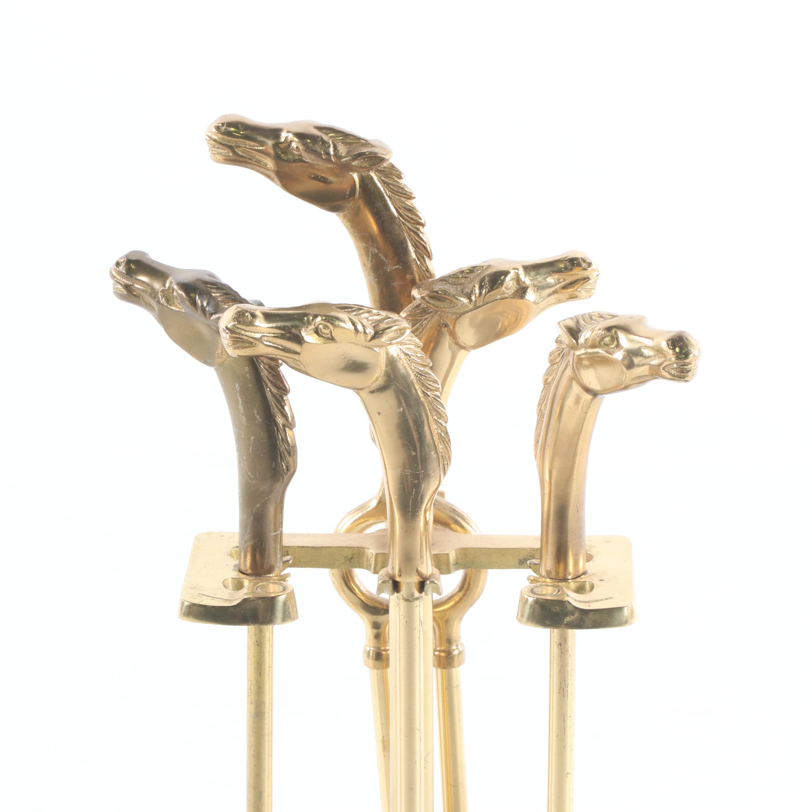 Brass Fireplace Tool Set Featuring Horse Head Handles, Late 20th Century