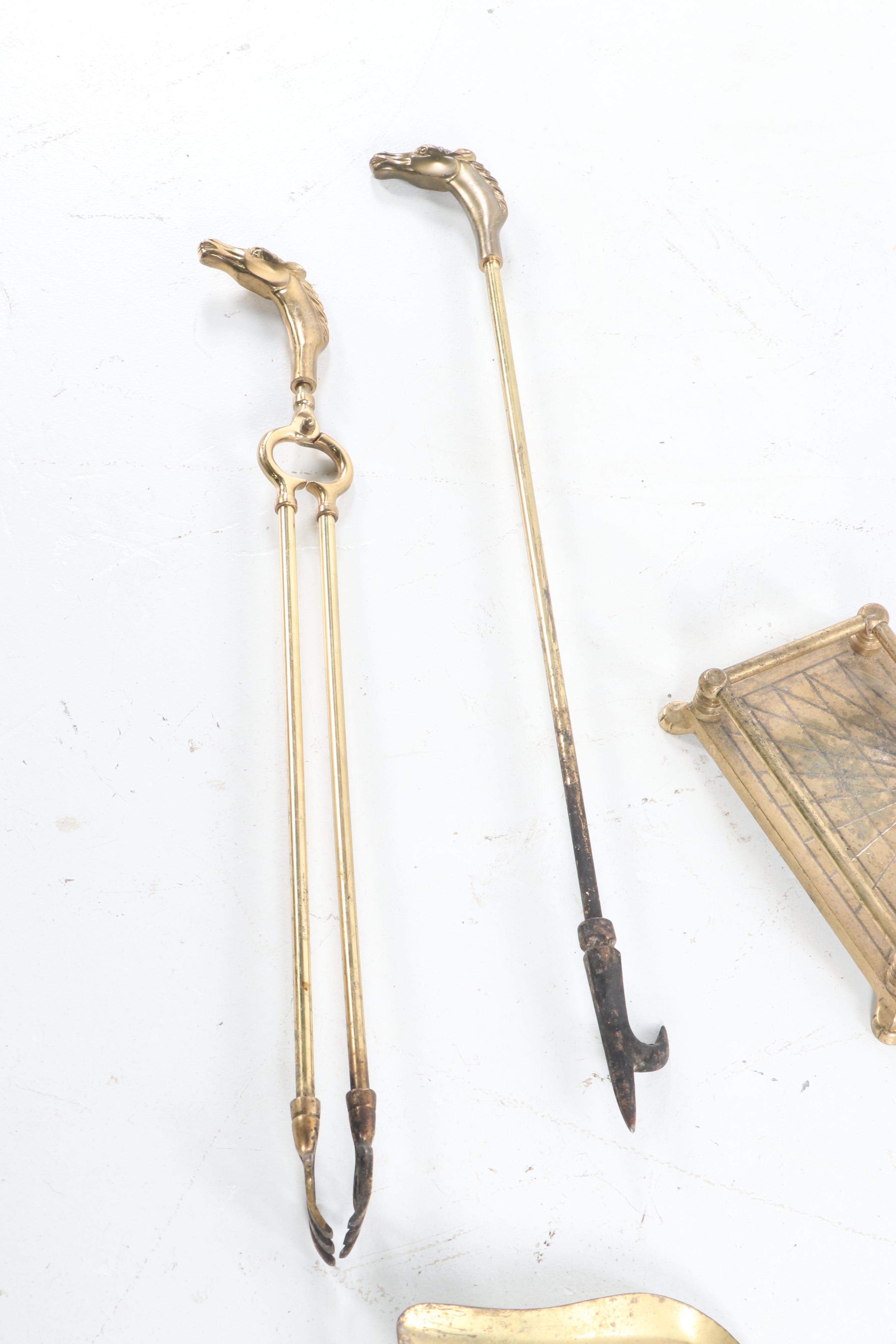 Brass Fireplace Tool Set Featuring Horse Head Handles, Late 20th Century
