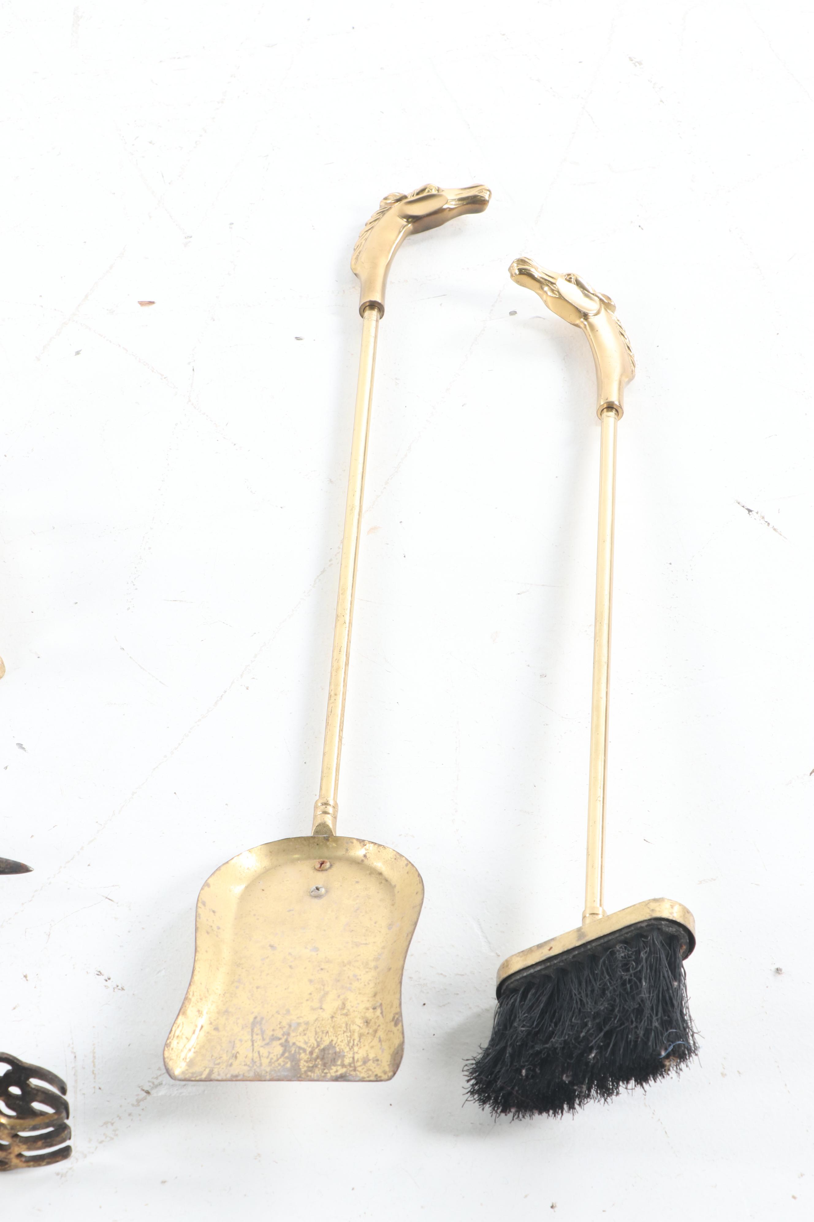 Brass Fireplace Tool Set Featuring Horse Head Handles, Late 20th Century