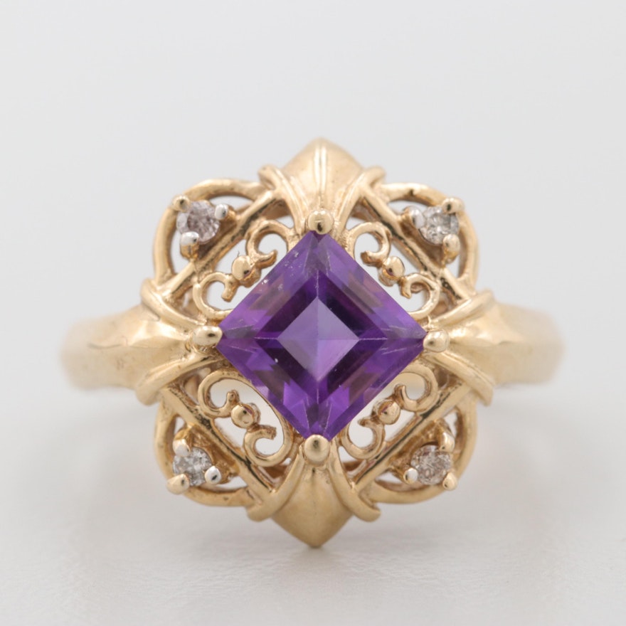 10K Yellow Gold Amethyst and Diamond Ornate Ring