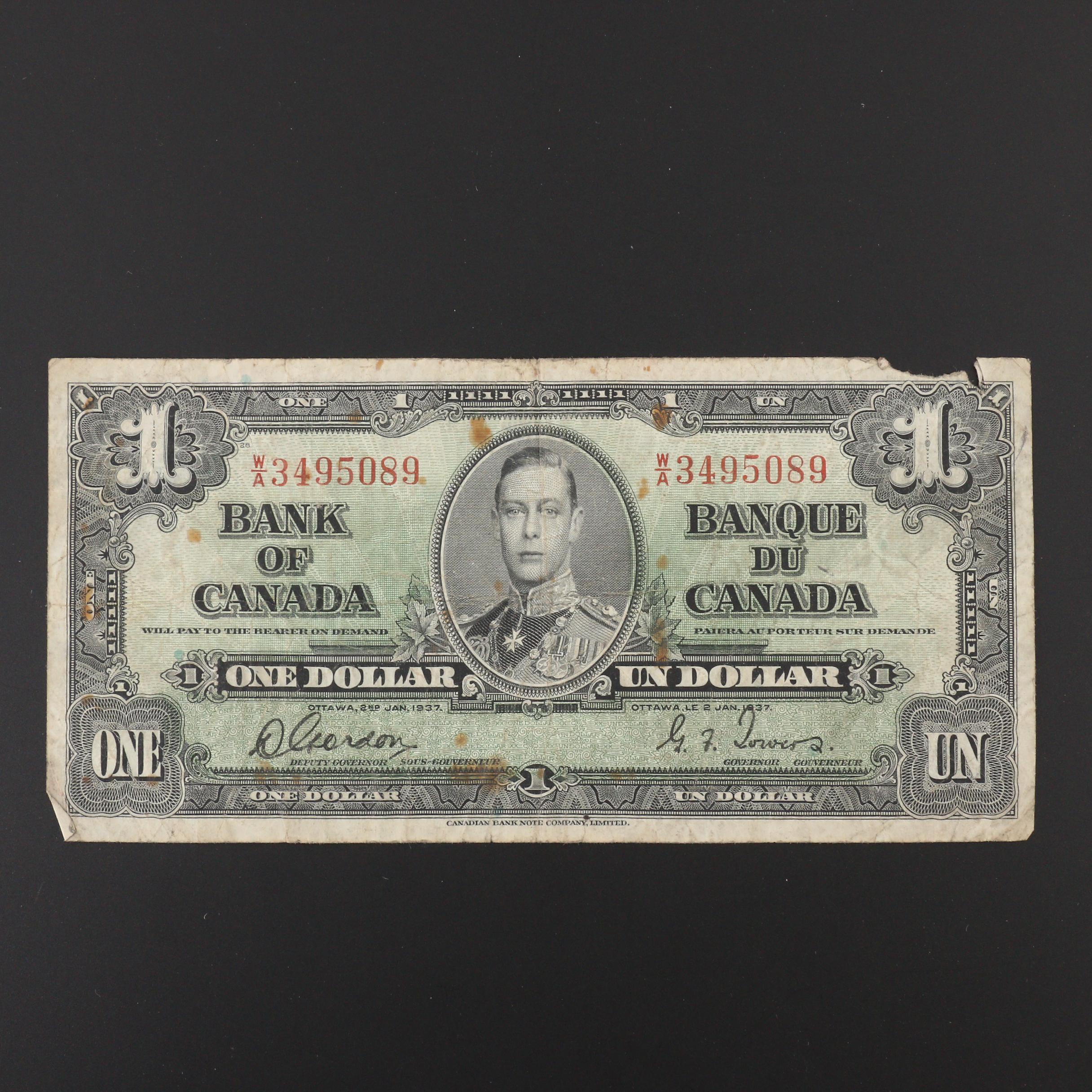 1937 Canada $1 Banknote