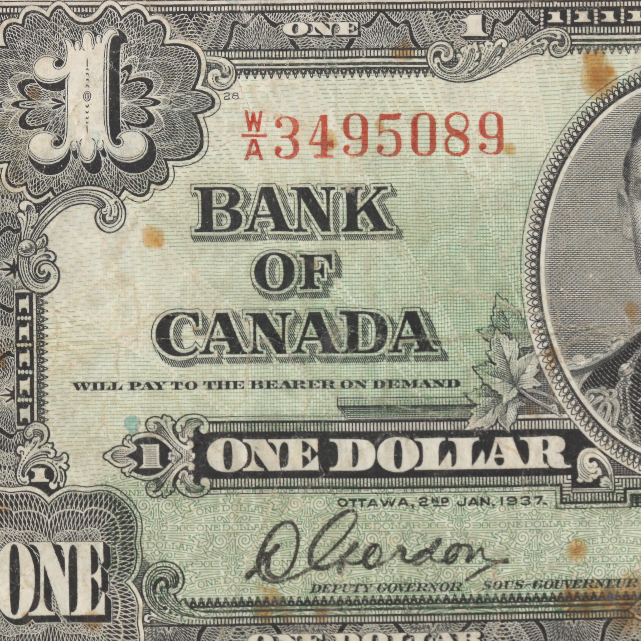 1937 Canada $1 Banknote