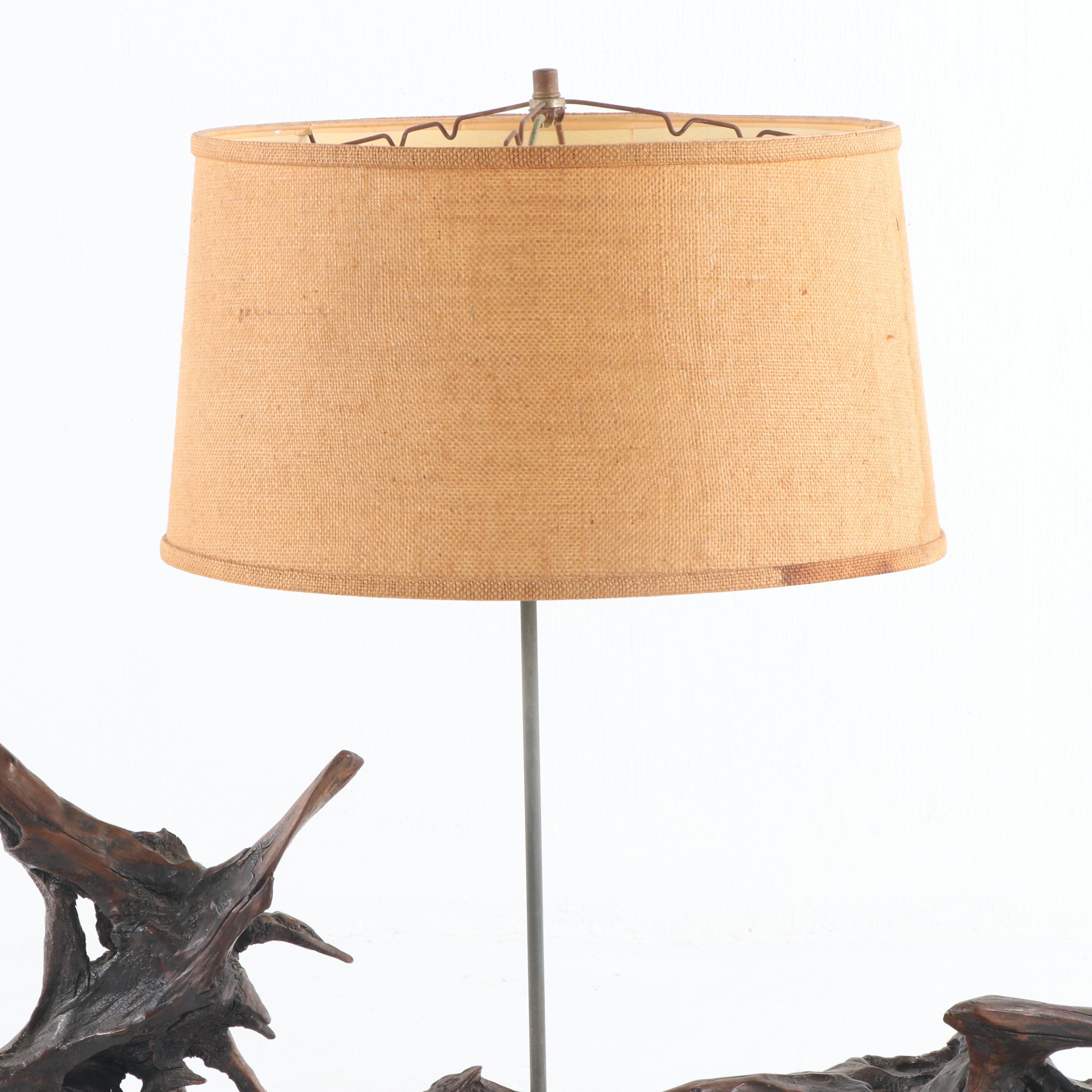 Mounted Driftwood Table Lamp with Shade, Mid to Late 20th Century