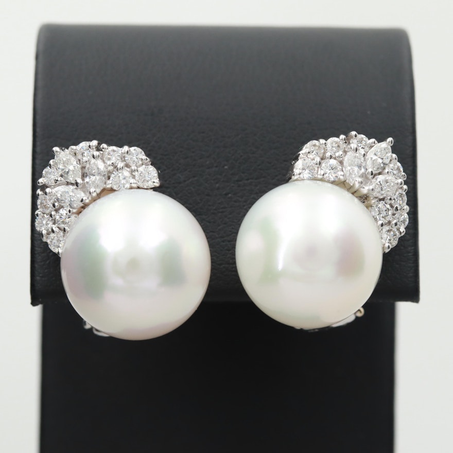 18K White Gold Cultured Pearl and 1.06 CTW Diamond Earrings