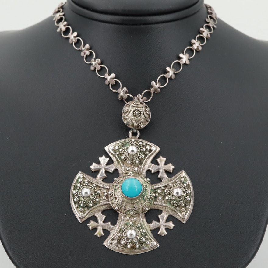 800 Silver Imitation Turquoise Jerusalem Cross Pendant on Sterling Silver Chain