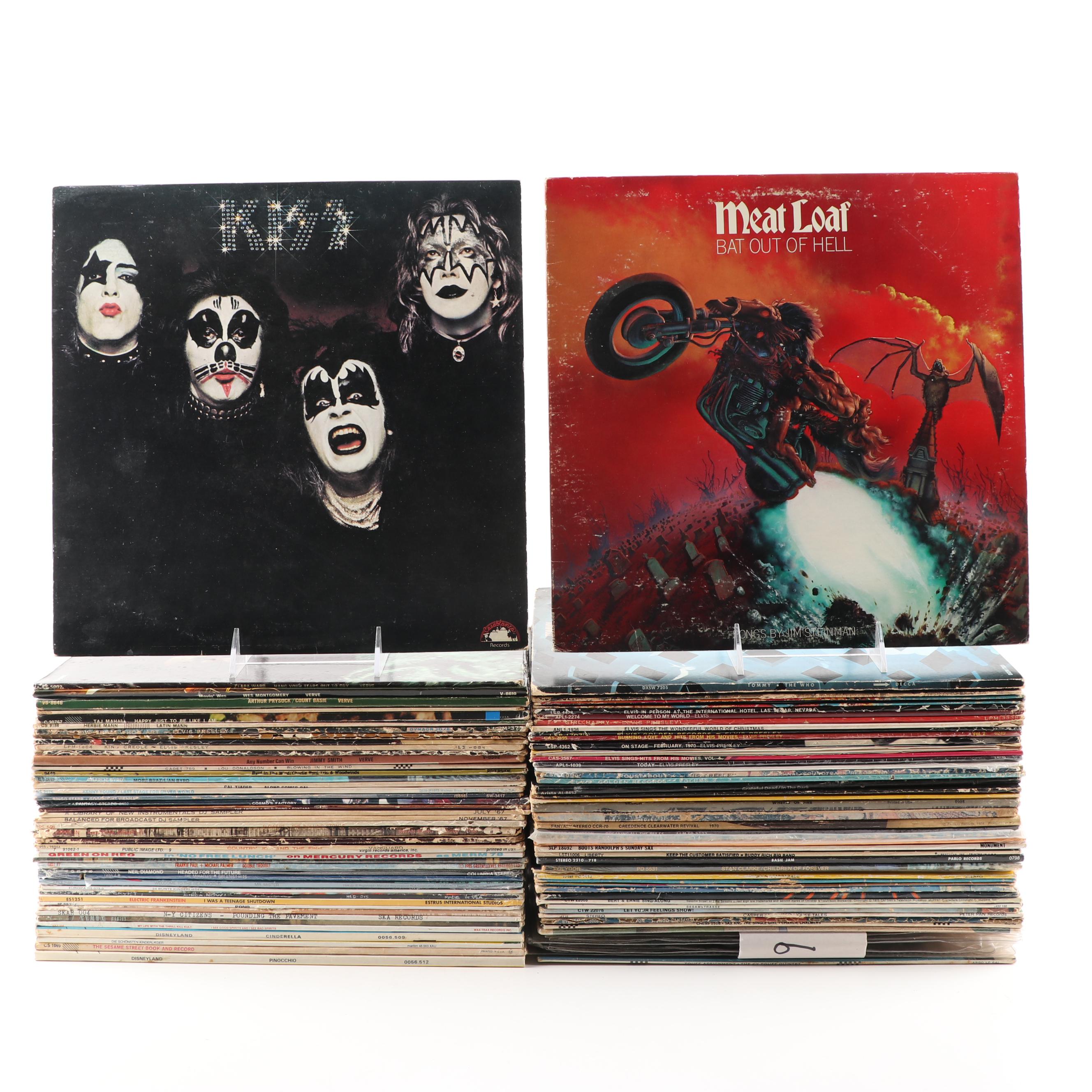 Rock LPs including Meat Loaf, Jimi Hendrix, Elvis, The Doors, and Kiss