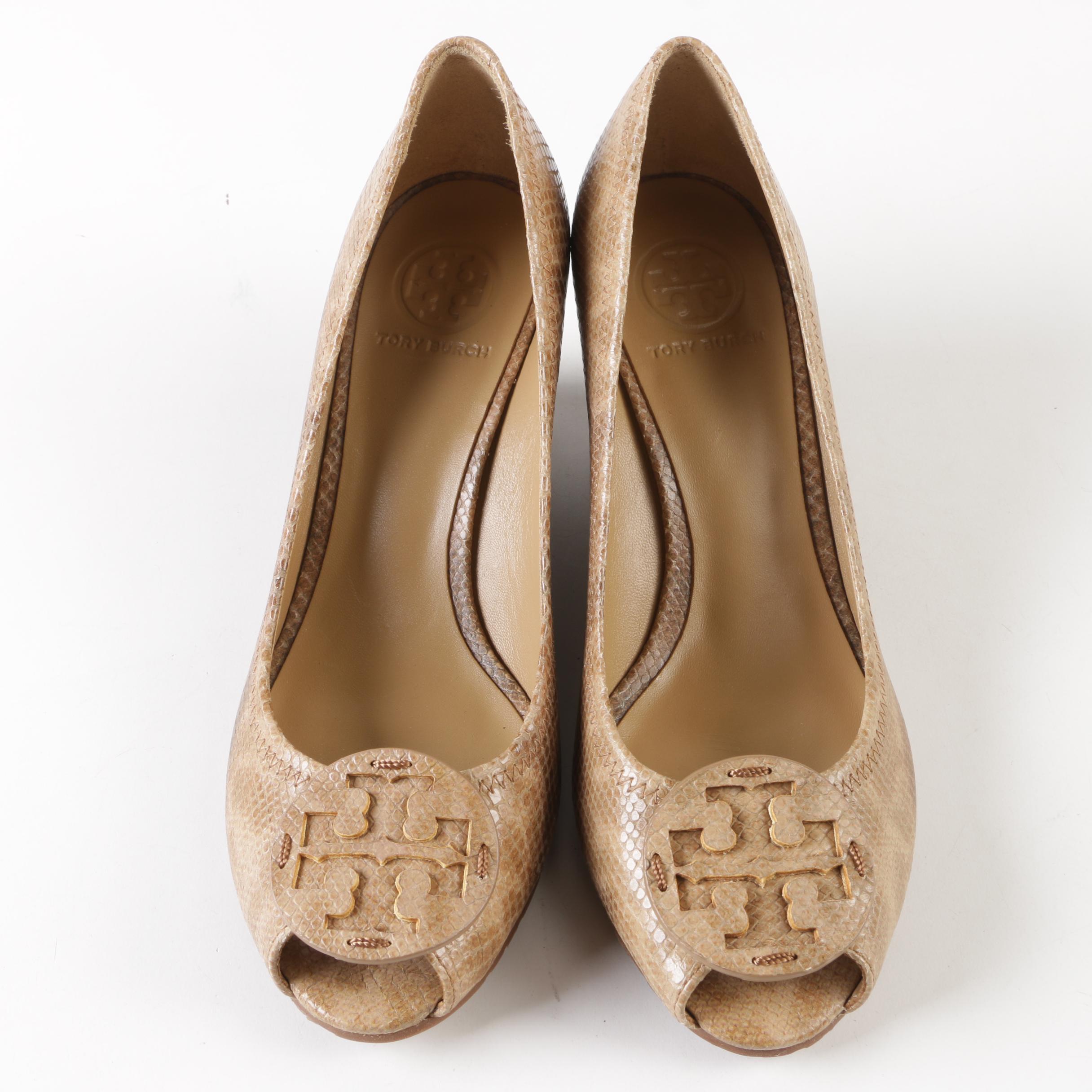 Tory Burch Embossed Leather Peep-Toe Wedges
