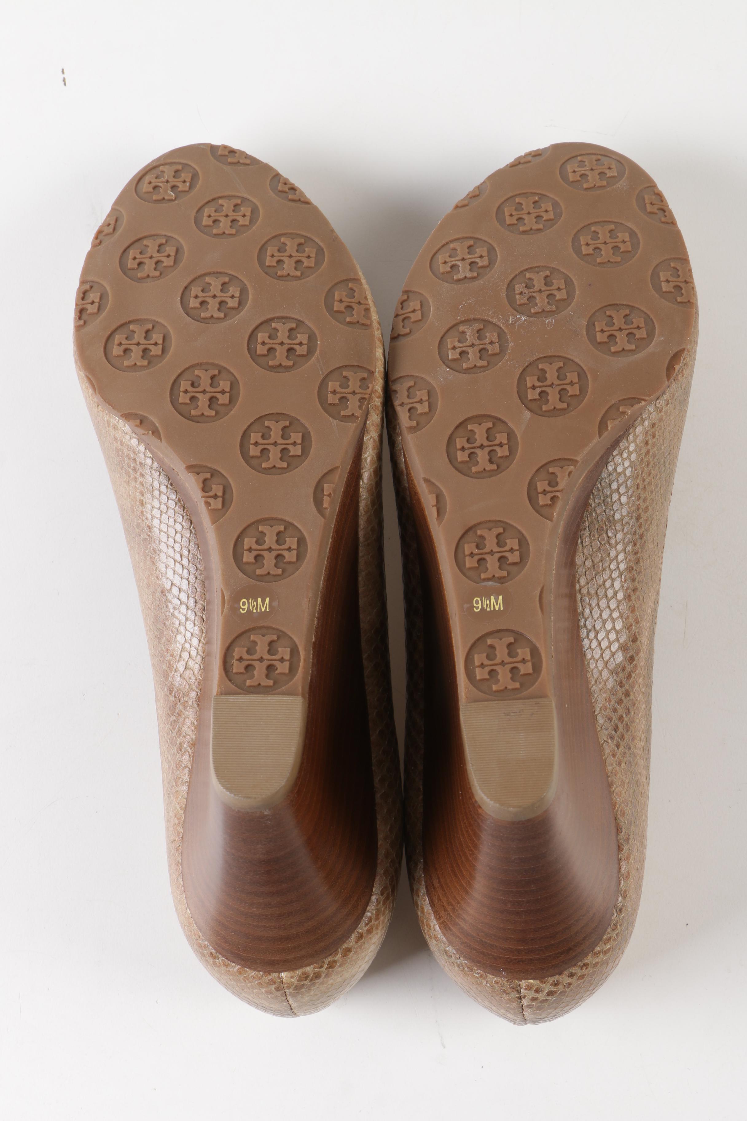 Tory Burch Embossed Leather Peep-Toe Wedges