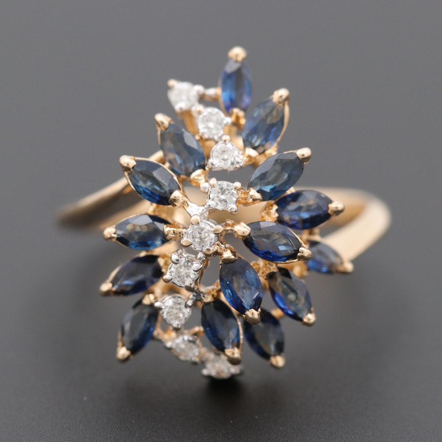 14K Yellow Gold Diamond and Blue Sapphire Cluster Ring