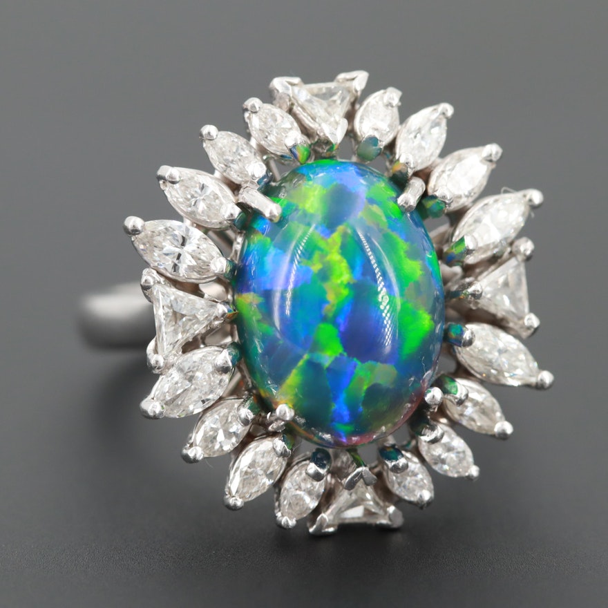 Platinum Synthetic Opal and 1.90 CTW Diamond Ring With GIA Report