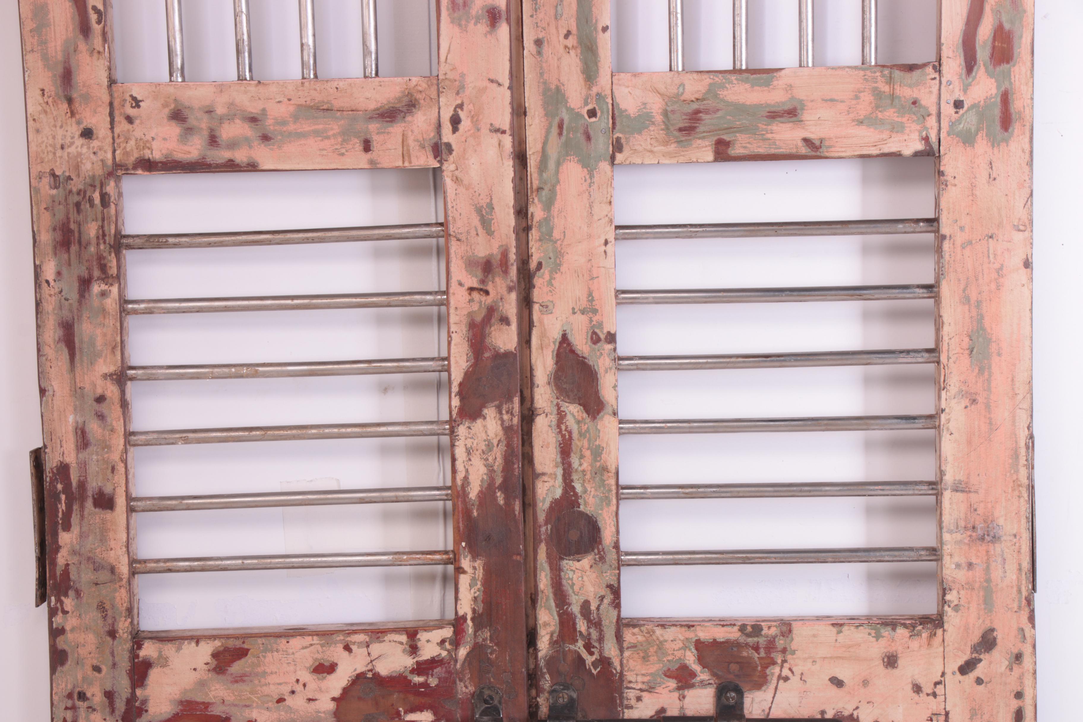 Reclaimed Indian Hardwood French Doors with Iron Security Bars, 20th Century