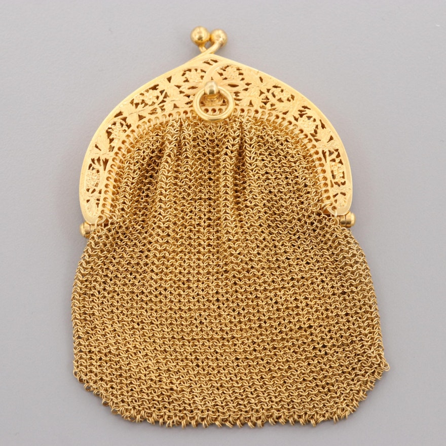 Vintage 14K Yellow Gold Mesh Coin Purse with Openwork Frame and a Divider