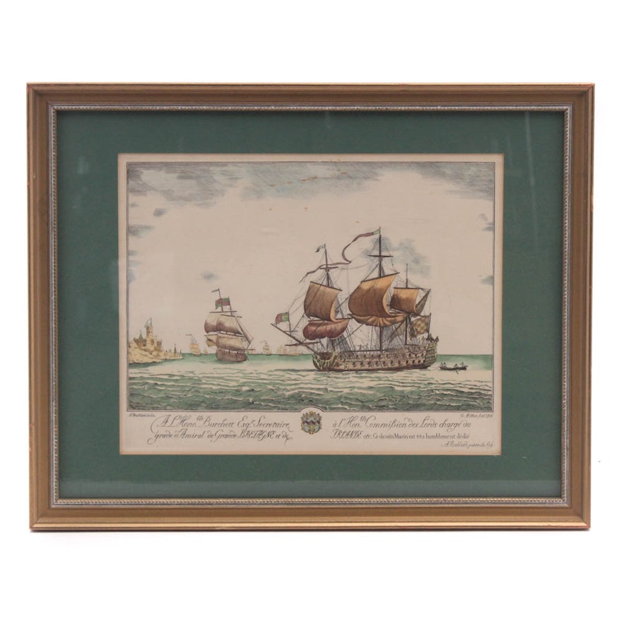 After A. Roublard 1706 Engraving Dedicated to French Naval Officer, Late 19th c.