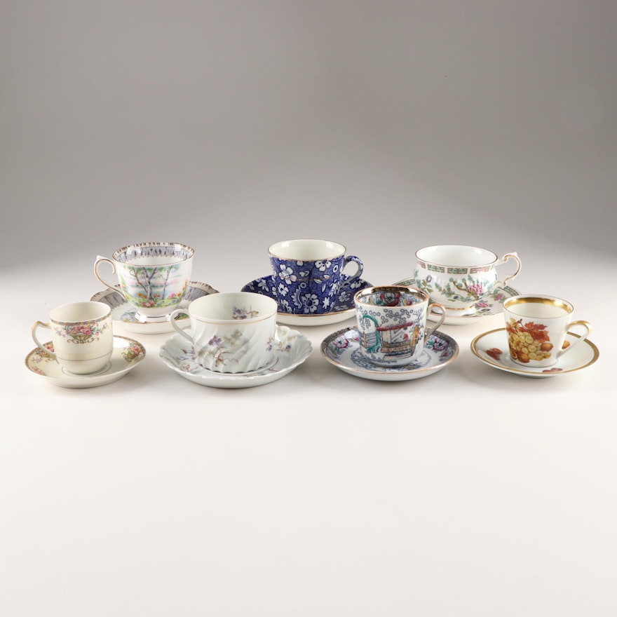Mixed Demitasse and Teacups with Saucers Including Royal Albert