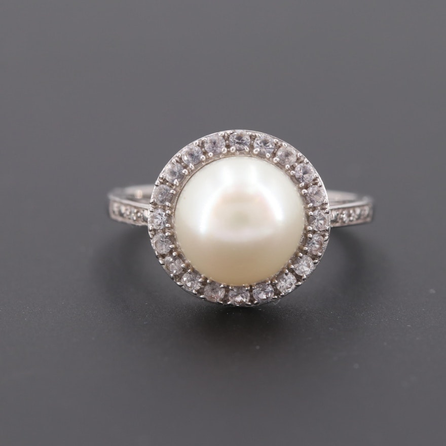 14K White Gold Cultured Pearl, Sapphire and Diamond Ring