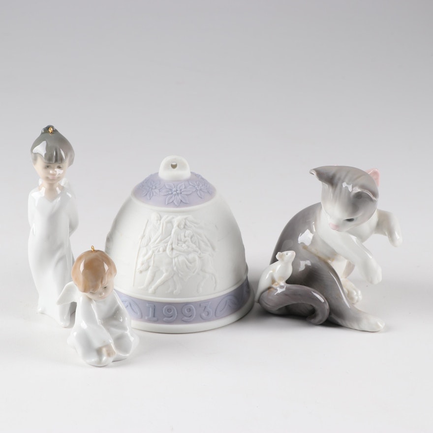 Lladró 1993 Bisque Bell, Angel Ornaments and "Cat and Mouse" Porcelain