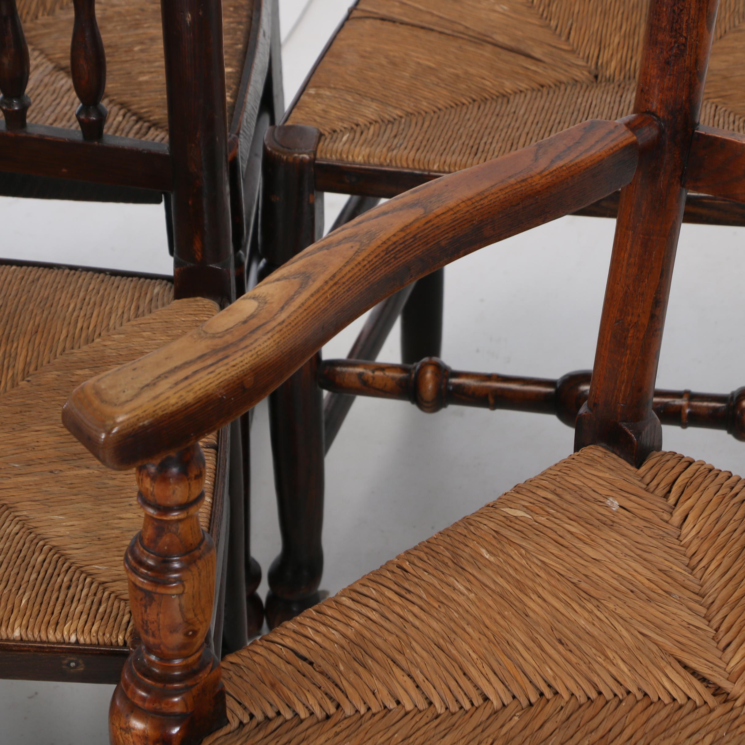Matched Set of Ten Lancashire Elm, Oak, and Walnut Dining Chairs, 19th Century