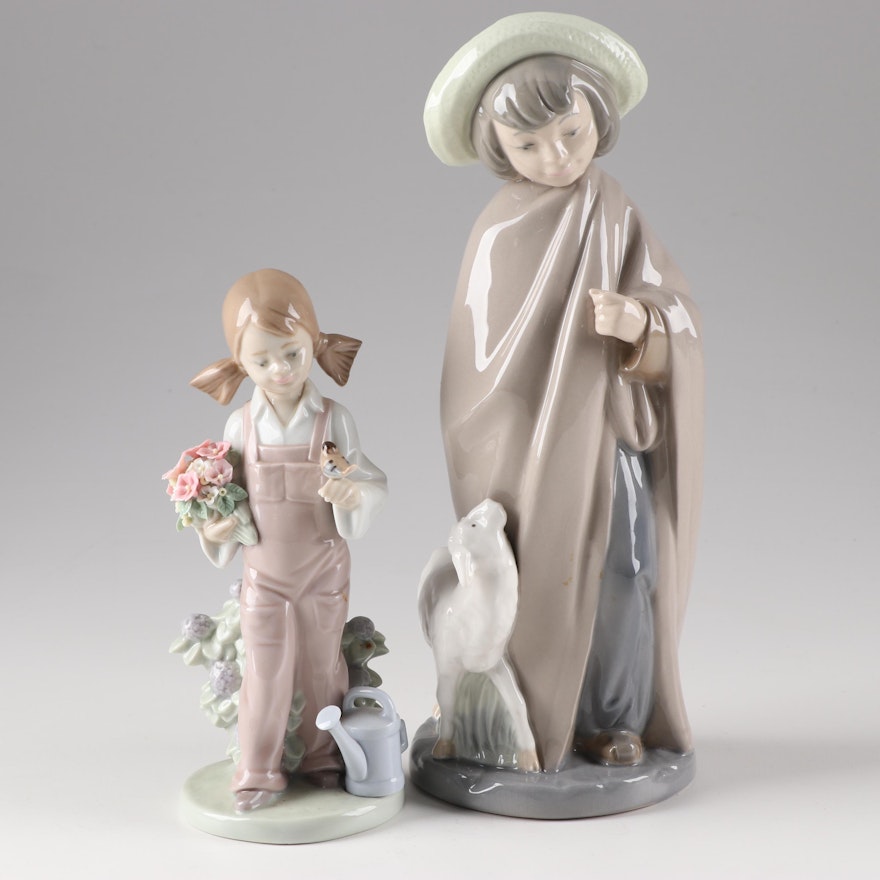 Lladró "Spring Girl" and Nao "Shepherd Boy" Hand-Painted Porcelain Figurines